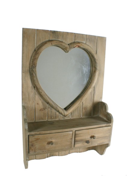 Mueble espejo pared forma corazón de madera maciza vintage. Medidas: 60x40x12 cm.