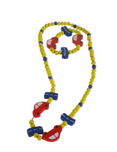 Bracelet et collier en bois jaune pour fille avec voiture