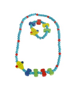 Bracelet fille en bois bleu turquoise et collier avec clown
