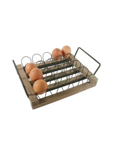 Dispensador de huevos de madera y metal de sobremesa estilo vintage capacidad 20 huevos utensilio cocina. Medidas: 9x30x21 cm.
