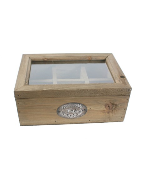 Caja de madera para infusiones con 6 separadores estilo rústico y tapa transparente. Medidas: 10x24x16 cm.