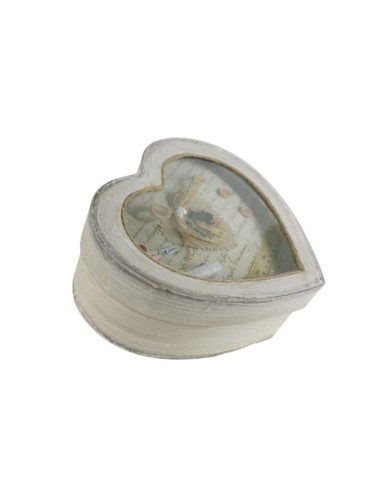 Boîte à couture vintage en forme de cœur avec fenêtre 3D décorée en gris avec compartiments à l'intérieur.