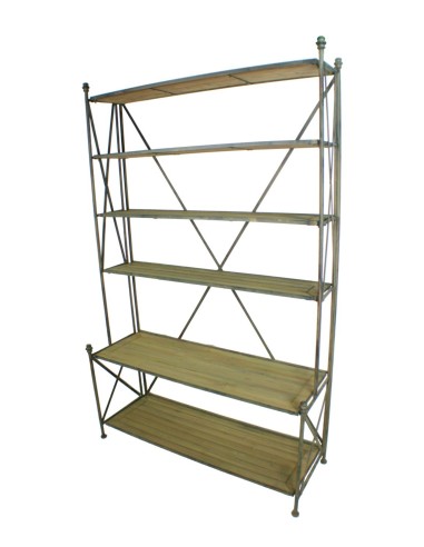 Bibliothèque en bois et fer avec six étagères et un surplomb inférieur de style industriel