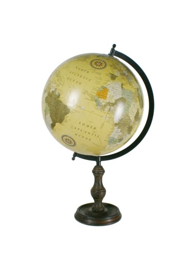 Globe de style vintage avec support en métal et pied en bois.