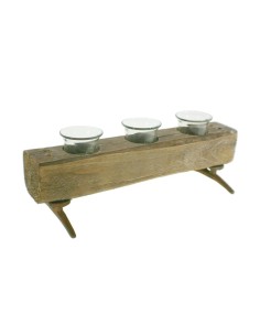 Porta velas de madera con tres soportes de vidrio estilo rustico 2