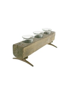 Porta espelmes de fusta amb tres suports de vidre estil rústic