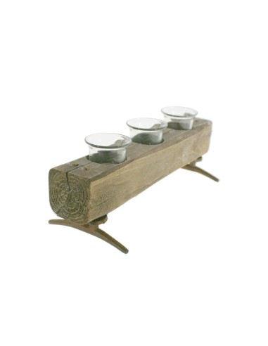 Bougeoir en bois avec trois supports en verre rustique