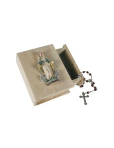 Caixa de fusta en tapa Verge Miraculosa amb rosari a l'interior