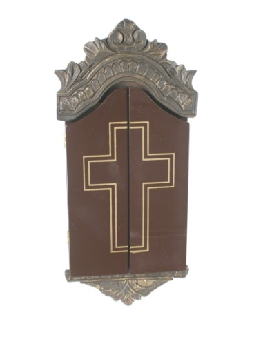 Capilla hornacina pequeña de culto para pared con puertas de madera y cerámica para exposición figuras Capilla hornacina pequeña de culto para pared con puertas de madera y cerámica para exposición figuras