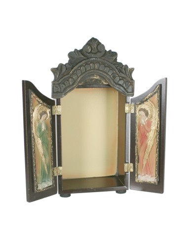 Petite chapelle culte pour table et mur avec portes en bois et céramique pour exposer des personnages