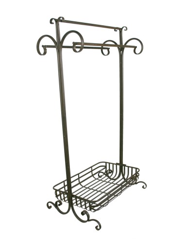 Porte-serviettes en métal style vintage avec trois barres et panier multifonction.