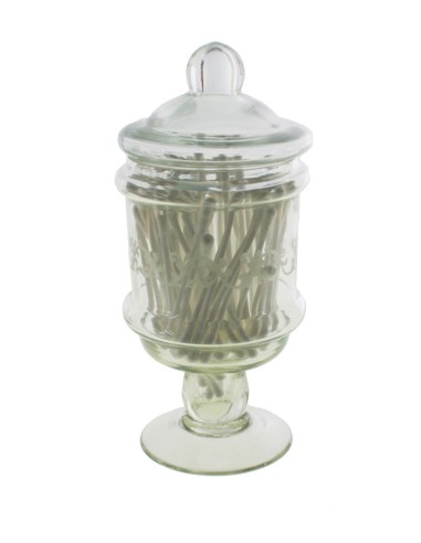 Distributeur de cotons-tiges en verre transparent style vintage en forme de tasse pour salle de bain.