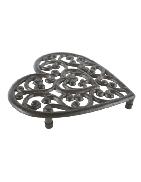 Salvamantel de hierro colado forma corazón de color bronce para proteger la mesa menaje de cocina. Medidas: 3x20x22 cm.