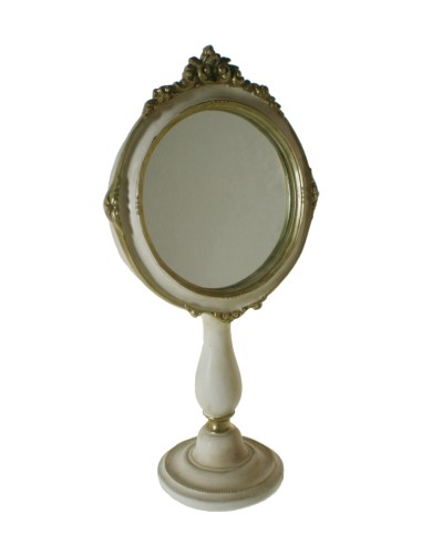 Miroir de table pour coiffeuse et salle de bain, finition en blanc patiné de style vintage.