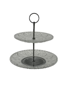 Centre de Taula, Fruiter de Dos Pisos en Cristal Gravat i Suport Platejat, Estil Clàssic.