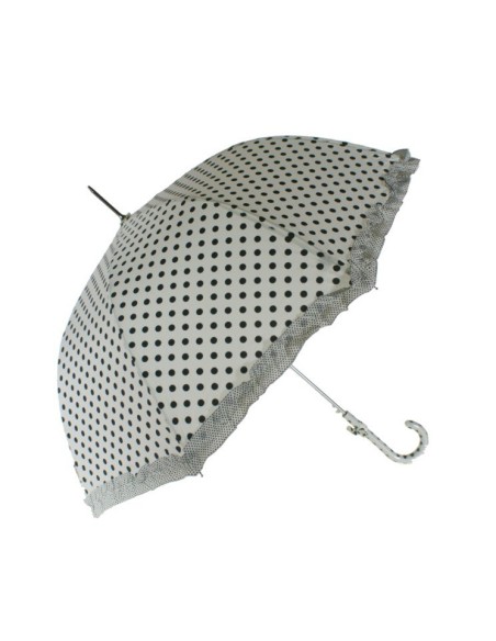 Paraguas de lluvia para señora color blanco y topos negros con adorno flecos a juego apertura automática. Medidas: 90xØ95 cm.