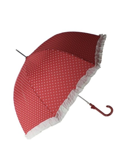 Paraigües de pluja per a senyora color vermell estampat cors blancs i serrells a joc obertura automàtica. Mesures: 90xØ95 cm.