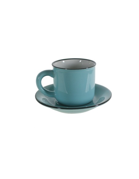 Taza de café con plato estilo vintage color azul con bordes negros retro servicio de mesa. Medidas conjunto: 7xØ 11 cm.