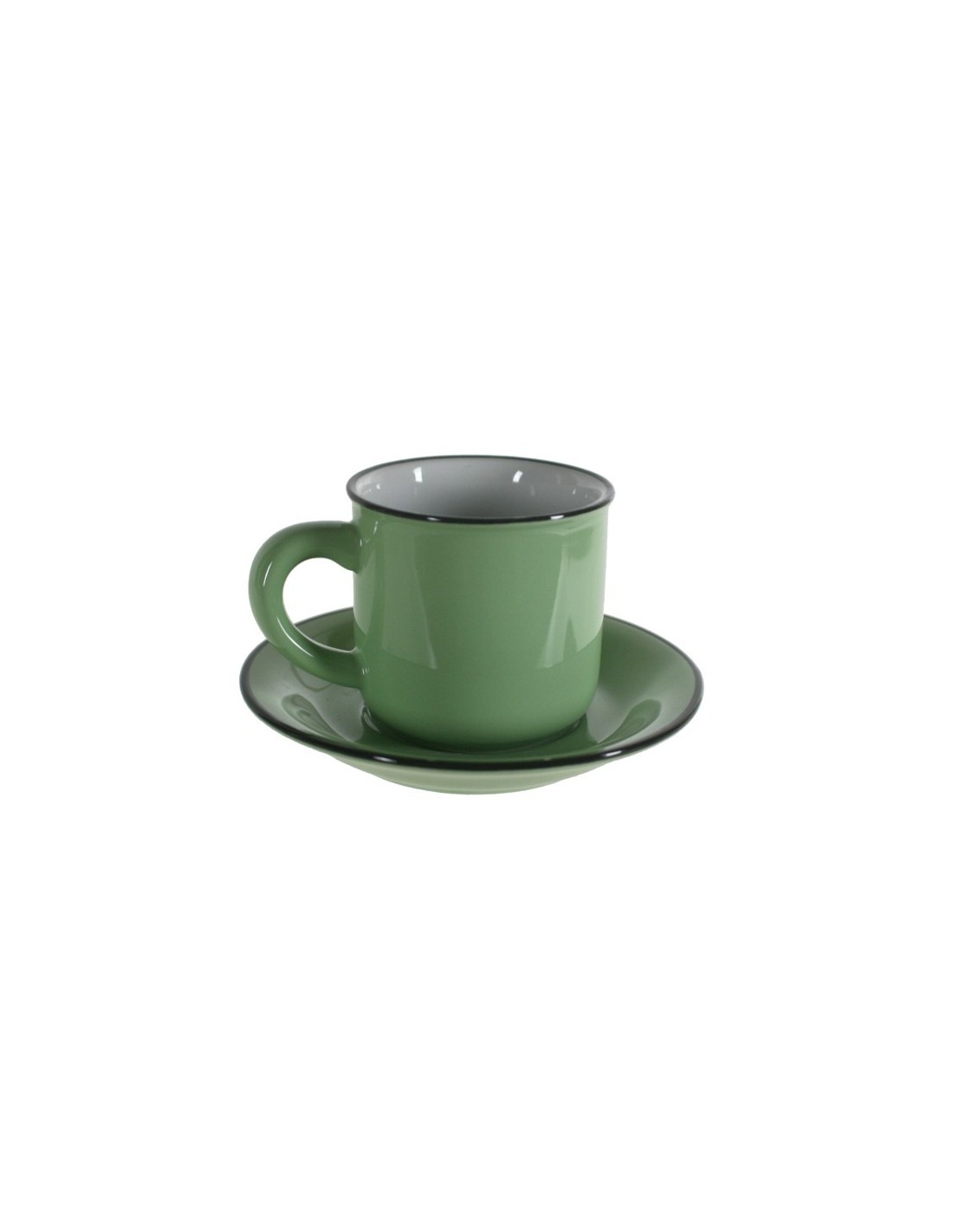 Taza de café con plato estilo vintage retro color verde con bordes negros servicio de mesa 