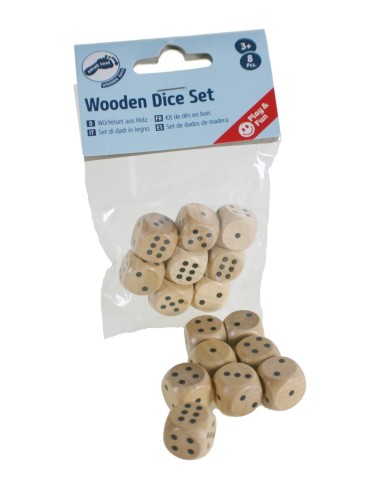 Dados de juego en madera maciza para juegos de mesa y sociales bolsita de 8 dados con cantos redondos.