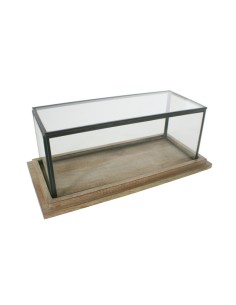 Urna de cristal rectangular baja perfil metálico base de madera para exposición de objetos decorativos. Medidas: 14X34X16 cm.