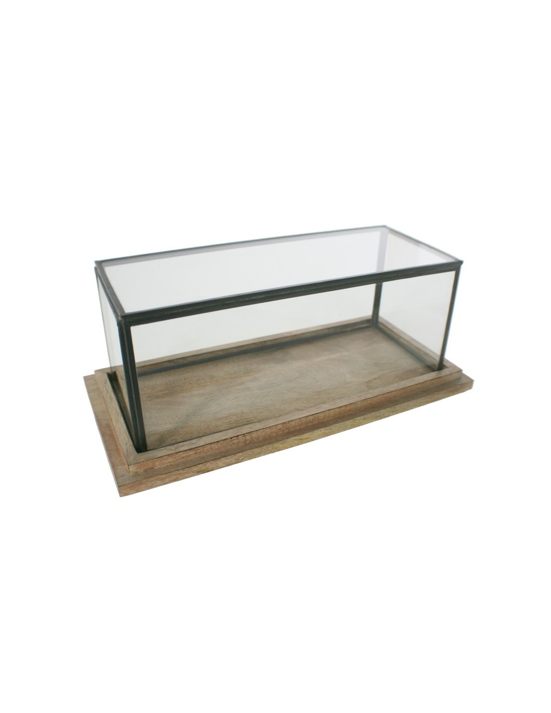 Urna de cristal rectangular baja perfil metálico base de madera para exposición de objetos decorativos