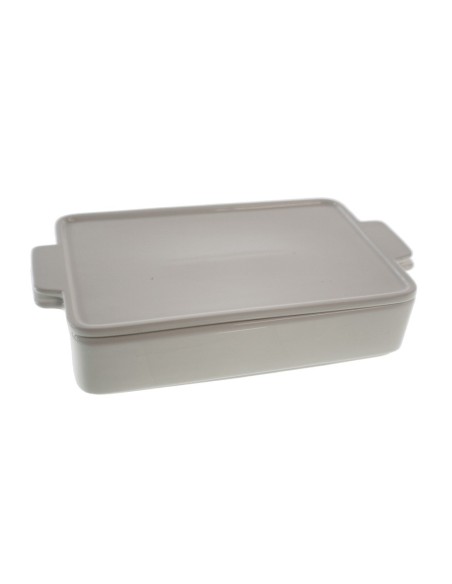 Plato fuente rectangular de cerámica blanca con tapa para servicio de mesa y menaje de cocina. Medidas: 5x25x14 cm.