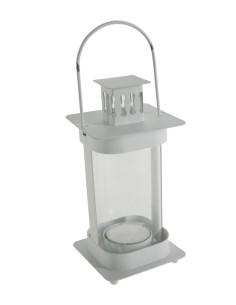Farolillo metal y cristal color blanco para velas Light té farol con asa de agarre decoración vintage hogar. Medidas: 20x8x8 cm.