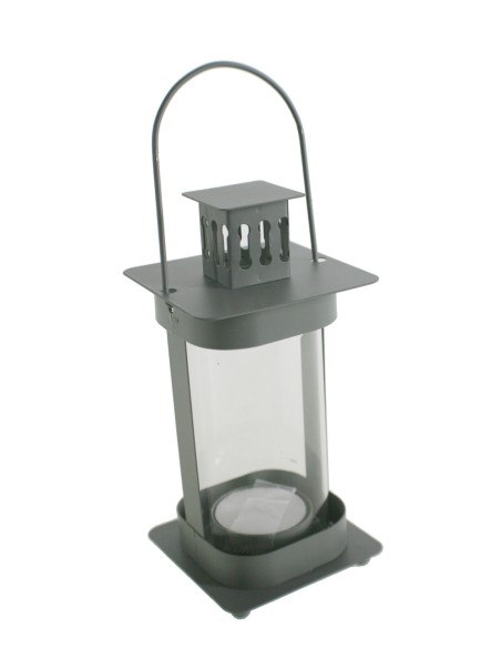 Farolillo metal y cristal color gris para velas Light té farol con asa de agarre decoración vintage hogar. Medidas: 20x8x8 cm.