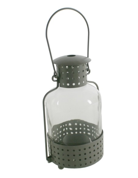 Farolillo gris de metal y cristal para velas light té farol con asa de agarre decoración vintage. Medidas: 24xØ9 cm.