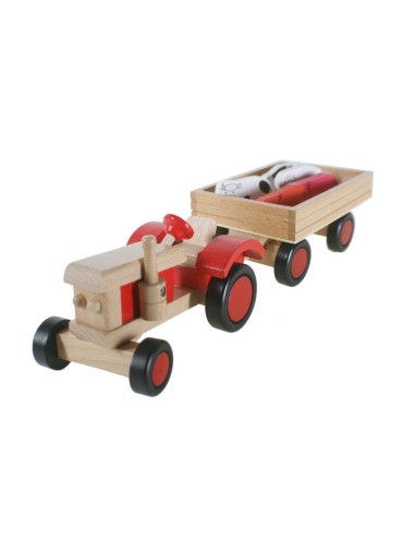 Tracteur en bois avec remorque et animaux. Mesures: 10x40x13 cm.