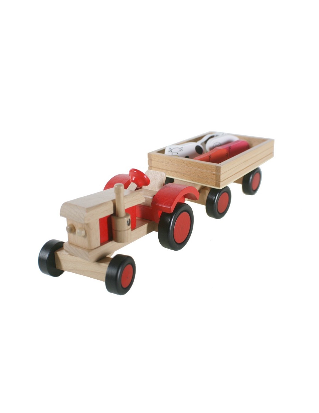 Tractor de madera con remolque y animales. Medidas: 10x40x13 cm.