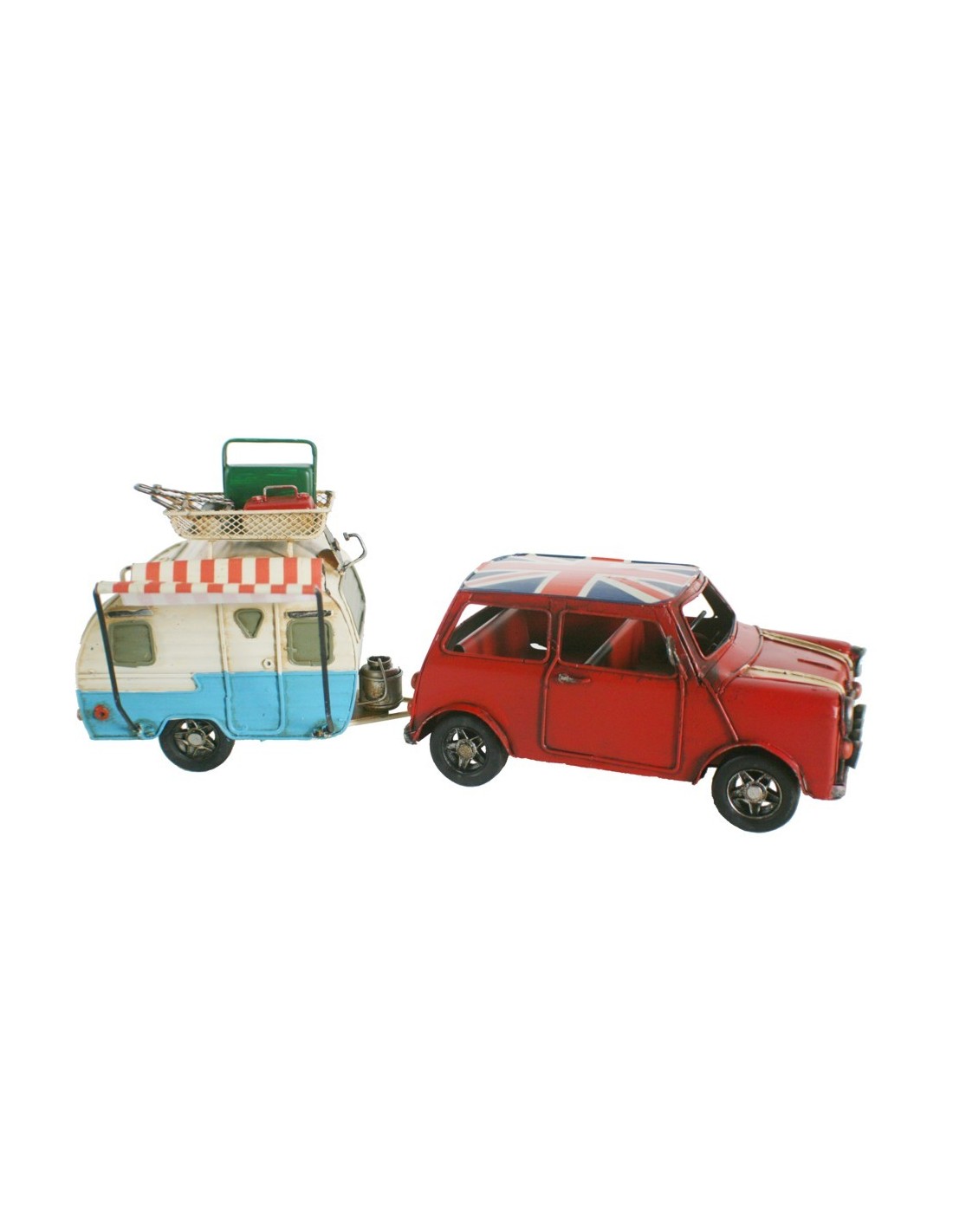 Réplica de coche mini color rojo con caravana. Medidas: 15x36x10 cm.