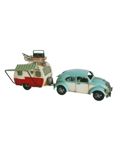 Réplique de la voiture coléoptère volkswagen bleu avec caravane. Mesures: 15x36x10 cm.