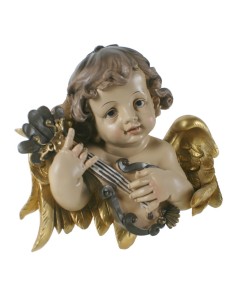 Busto de ángel para colgar tocando mandolina. Medidas: 23x25 cm.