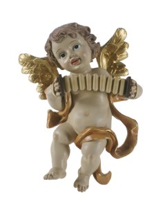 Figura decorativa religiosa Ángel tocando acordeón para pared de resina decoración hogar. Medidas: 26x20x21 cm.