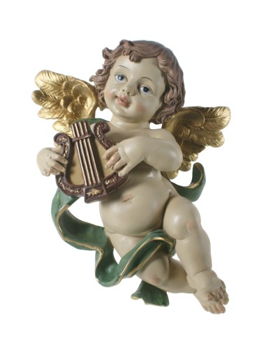 Figure Religieuse Ange Jouant de la Harpe pour la Décoration Murale en Résine.