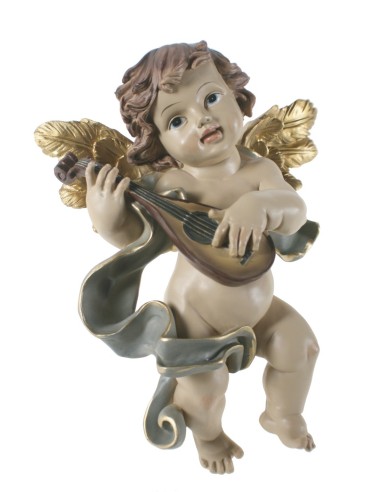 Figura Decorativa Religiosa Ángel Tocando la Bandolina para Pared de Resina Decoración Hogar