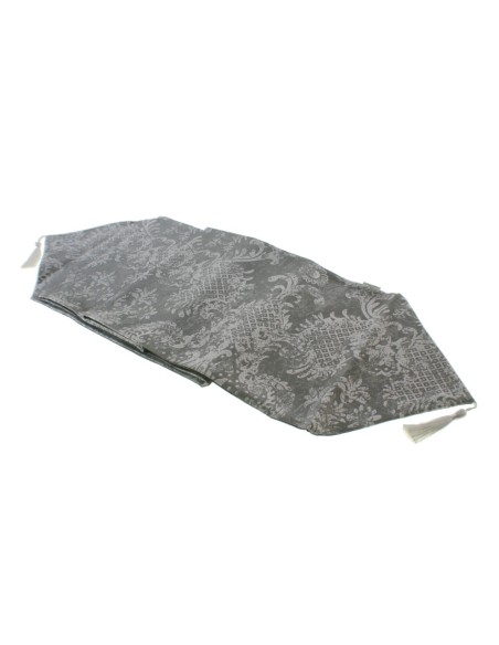 Camino de mesa estampado decorativo color gris reversible con flecos. Medidas: 30x180 cm.