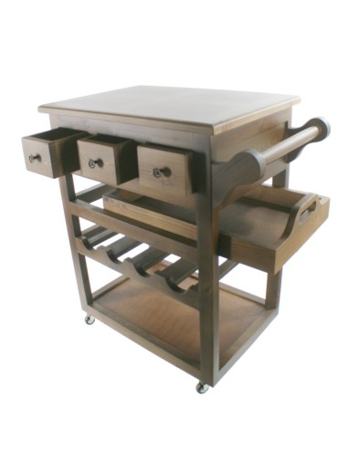 Carro de cuina de fusta amb safata, boteller i tres calaixos color castanyer útils de cuina i menjador.