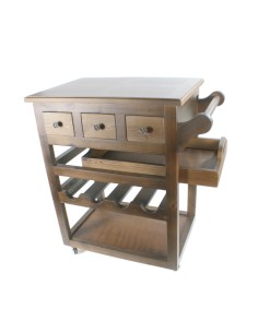 Carro de cocina de madera con bandeja, botellero y tres cajones color castaño útiles de cocina y comedor.