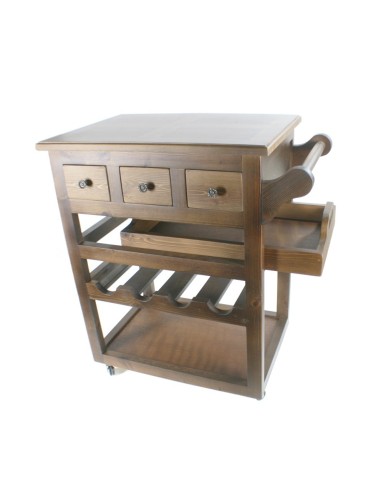 Carro de cuina de fusta amb safata, boteller i tres calaixos color castanyer útils de cuina i menjador.