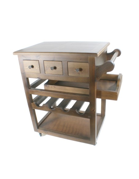 Carro de cuina de fusta amb safata, boteller i tres calaixos color castanyer útils de cuina i menjador.