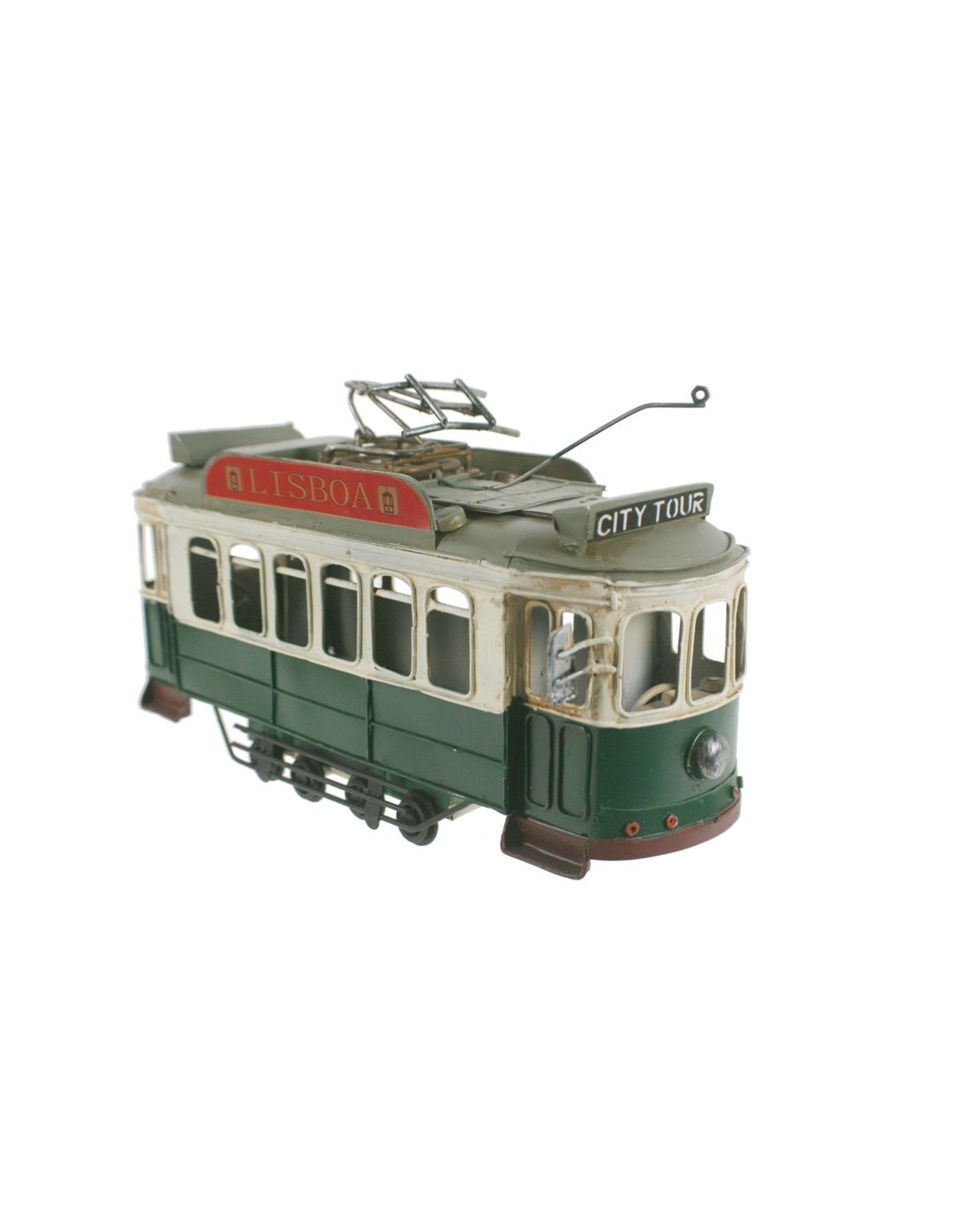 Tranvía replica retro color verde para coleccionables modelo Lisboa.