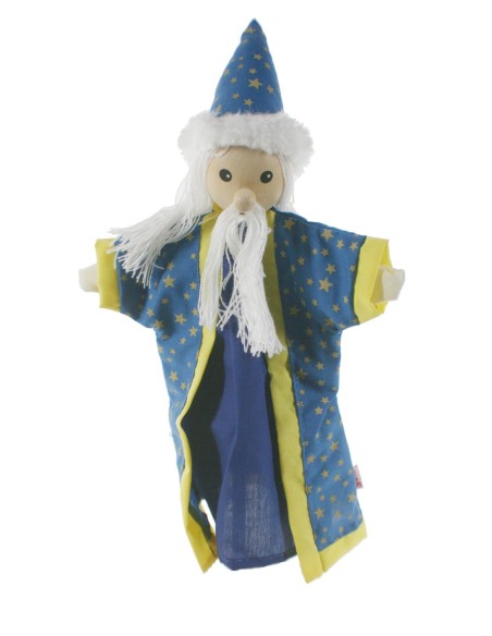 Titella de mà Mag amb barba amb cap de fusta joguina clàssica i tradicional per a nens nenes. Mides: 30x20 cm.