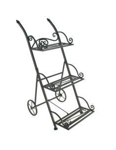 Porte-pot en métal de type chariot pliant à trois étages pour plantes, décoration de jardin de style vintage.