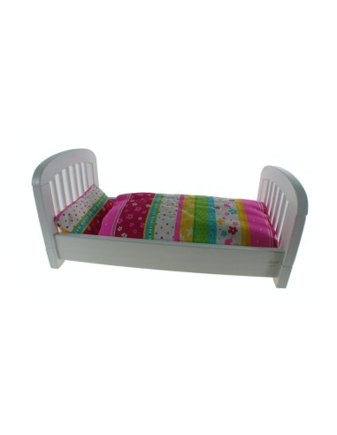 Cama de madera para muñecas color blanco con edredón cojín color rosa