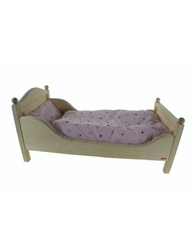 Lit en bois naturel pour poupée couette et coussin rose