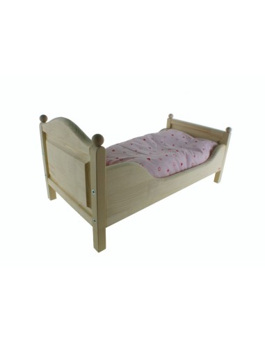 Cama de madera natural para muñecas edredón y cojín color rosa