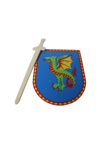 Escudo y espada de madera con dibujo dragón complemento para juego y disfraces para niño niña.